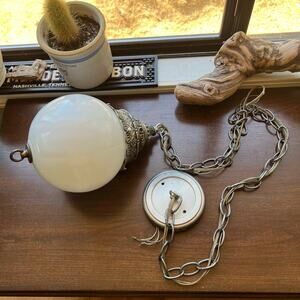 VINTAGE BEAUTIFUL HANGING CEILING LIGHT FIXTURE W/ MILK GLASS LAMPSHADE